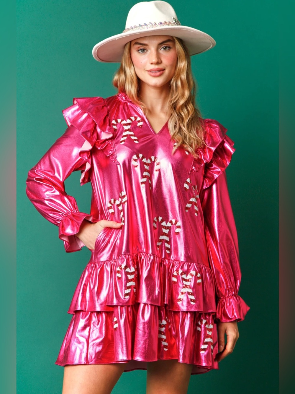 Fantastic Fawn  Metallic Hot Pink & Sequin Candy Canes Dress size small